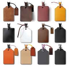Luggage bag leather tag hanging label. Many assorted different range types isolated on png background