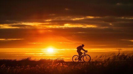 Fototapeta premium A man is riding a bicycle in a field with a beautiful sunset in the background