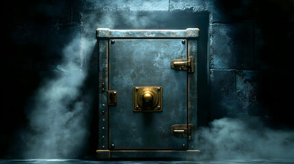 A weathered safe door partially open with smoke around it.