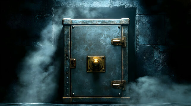 A weathered safe door partially open with smoke around it.