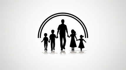 teacher logo flat black silhouette of a group of people on a white background, one adult with children, icon social issue,  training, education, parenting