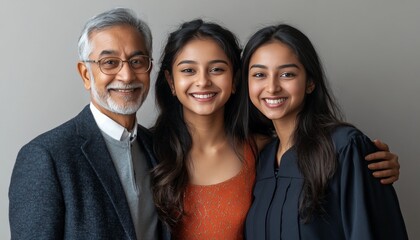 Young Indian Woman in Graduation Gown with Proud Parents on Light Grey Background generative ai