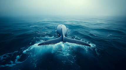 Naklejka premium A whale's tail emerging from tranquil ocean waters in fog.