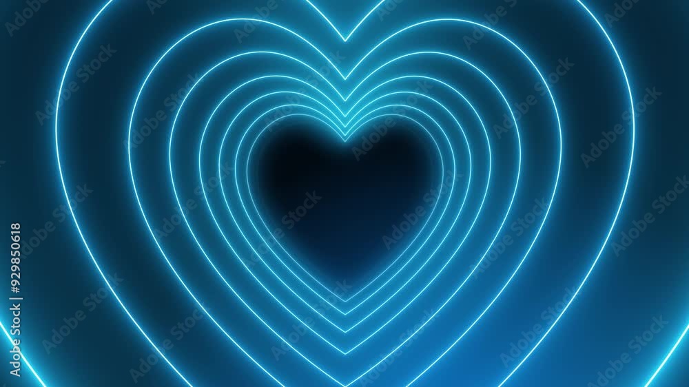 Poster video animation of many hearts in neon blue on dark background - abstract background - seamless loop