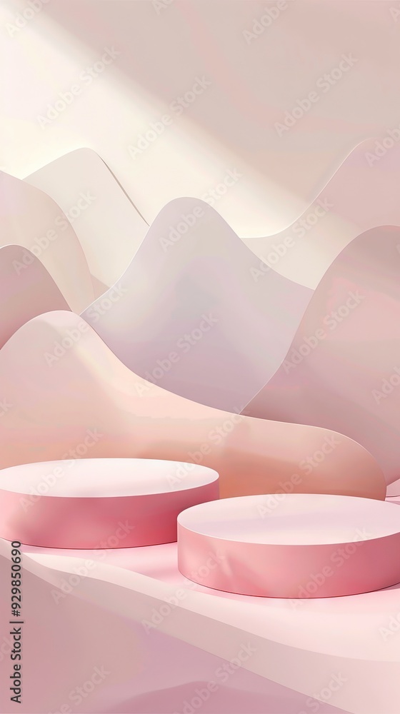 Poster A serene setting showcases circular podiums on a pastel pink background, surrounded by gently rolling shapes, creating a calming atmosphere