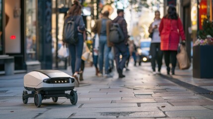 A robot is on the sidewalk next to a group of people