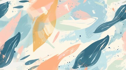 A colorful painting with a blue and pink background and a lot of green