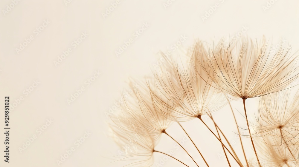 Aufkleber A close-up view of a dandelion seed head displays intricate puffs gently swaying in soft light against a neutral backdrop