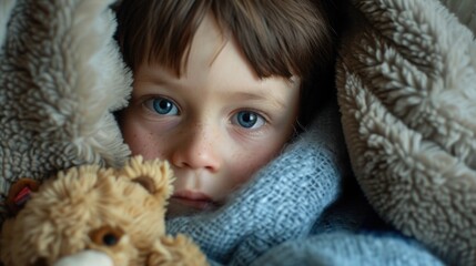 A young child is wrapped in a blanket and has a teddy bear on their lap