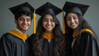 Front View of Indian Graduates in Black Caps and Gowns on Collage Background generative ai