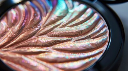 Iridescent Highlighter: A close-up of a pressed highlighter with an iridescent finish, displaying a range of colors from pink to gold under different lighting
