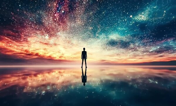 A lone figure standing against a starry sky, contemplating the vastness of the universe and existence