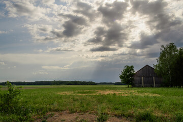 Promienie słońca majestatycznie prześwitujące przez gęste burzowe chmury oświetlające kawałek pola  © Paweł Kacperek