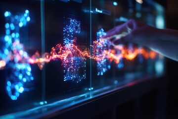 Fototapeta premium An advanced biology taxonomy evolution displayed through a biochemistry hologram in a futuristic setting, showcasing cutting-edge research.