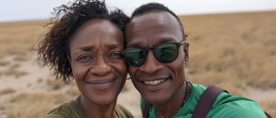 Obraz premium A man and a woman pose before a sand dune, adorned with grass and bushes, serving as the scenic backdrop