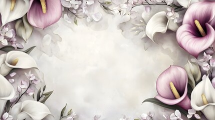 White and Pink Calla Lilies with Delicate Blooms Bordering a White Background. Template for quotes, and greetings cards.