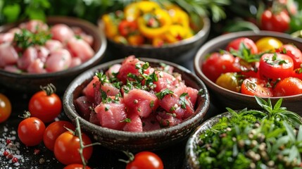 Fresh ingredients, pork and vegetables