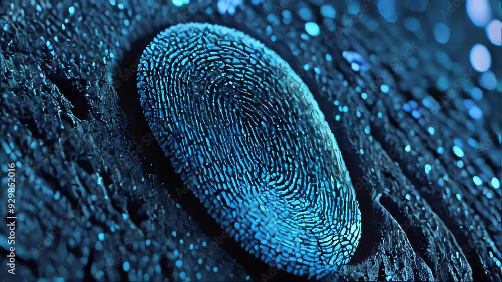Poster a digital rendering of a highly detailed blue fingerprint with glowing lines and dots, set against a