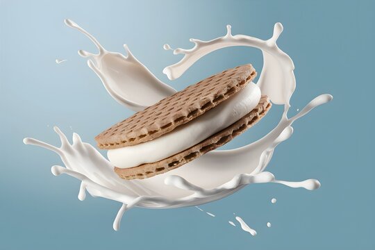 Crisp wafer with creamy filling splashes in white liquid against a blue background