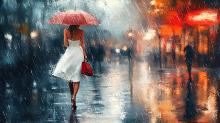 A woman in a white dress walking on a wet street with an umbrella and red handbag, heavy rain falling, realistic oil painting effect, elegant and confident