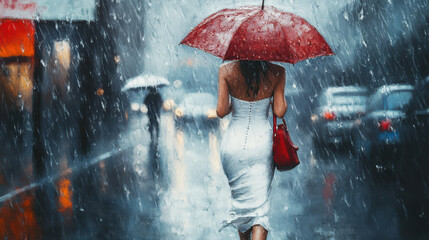 A woman in a white dress walking on a wet street with an umbrella and red handbag, heavy rain falling, realistic oil painting effect, elegant and confident