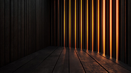 Wooden floor and wall with warm light.