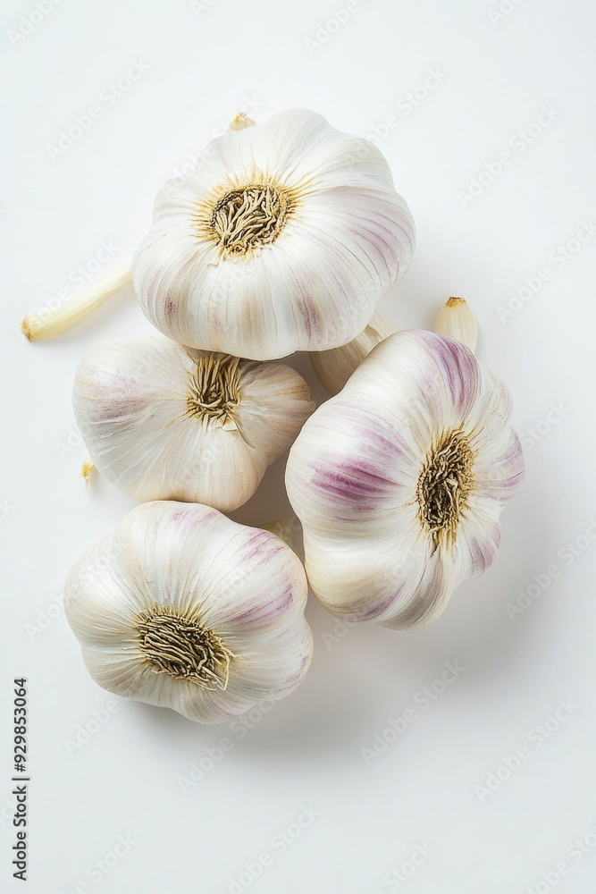 Sticker garlic bulbs on white table