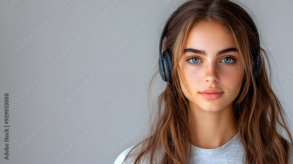 Canvas Prints A young woman with headphones, showcasing a relaxed expression.