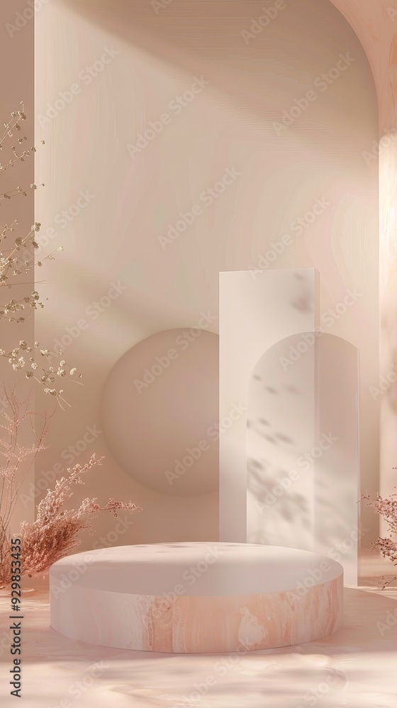 Poster abstract design features soft geometric shapes, gentle light, and natural decor elements creating a 