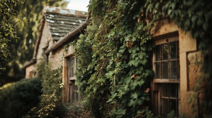 Rustic Cottage with Ivy Overgrowth