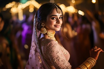 Glowing Indian Bride Dancing with Happy Vibe in Luxurious Wedding Ambiance generative ai