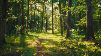 Obraz premium Calm early morning stroll through verdant wooded areas with dappling light