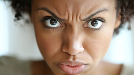 Fototapeta premium A woman with a frowning face and angry eyes. She is looking at the camera with a look of annoyance