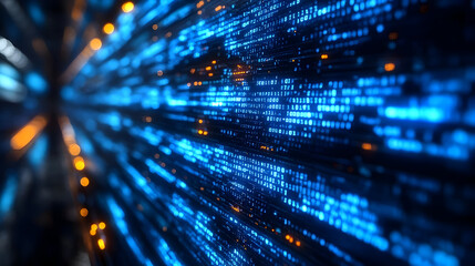 Fototapeta premium Abstract digital data stream with glowing blue and orange elements.