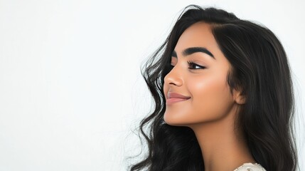 Obraz premium Confident Indian Female with Long Wavy Hair Smiling at Camera on White Background generative ai