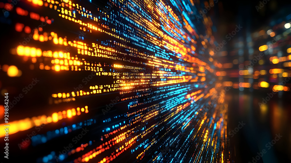 Poster abstract digital data visualization with vibrant light trails.