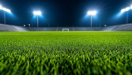 An empty soccer stadium with grass, stands illuminated by floodlights