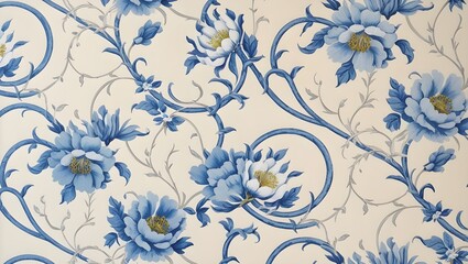 blue and white flowers Chinoiserie pattern. Fresco wallpaper for interior generative ai