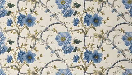 blue and white flowers Chinoiserie pattern. Fresco wallpaper for interior, generative ai