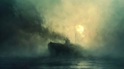 Ship Emerging from a Dense Foggy Sea