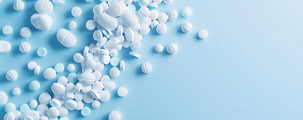 White Pills Scattered on a Light Blue Background
