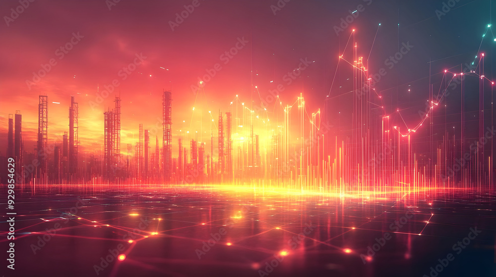 Poster abstract digital landscape with glowing lines and structures.