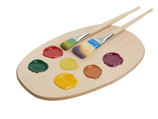 brushes and palette with paints, isolated, PNG