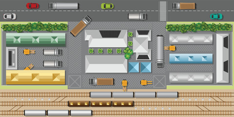 Top view of large logistics park with warehouse.