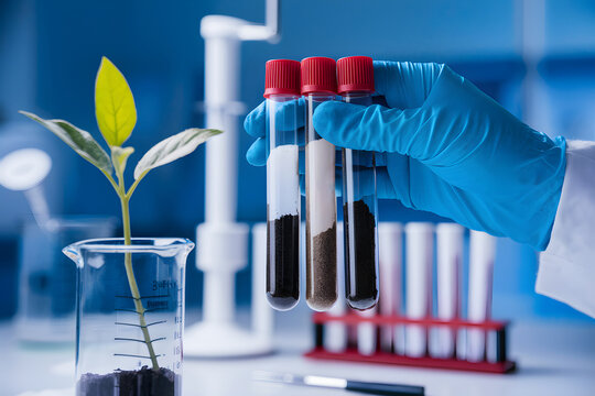 Gloved hand holds three test tubes with soil samples in a lab setting