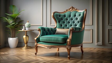 Redesigning Armchair with Royal Green Cushion. Perfect for: Interior Design Shows, Furniture Promotions, Home Decor Campaigns