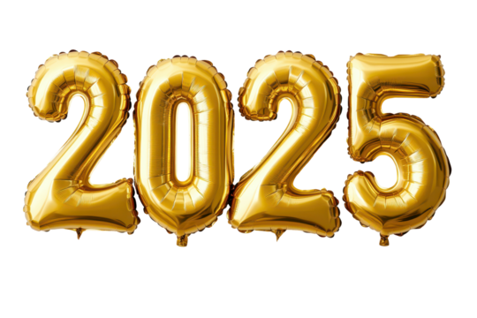 Shiny gold "2025" balloons. Perfect for New Year celebrations, events, or party decorations.

