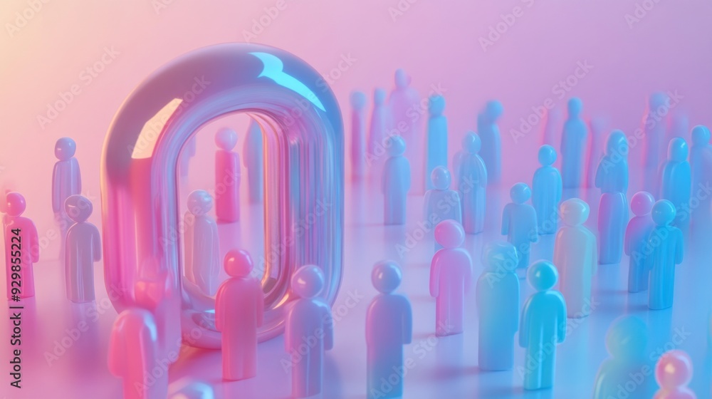 Poster a colorful scene with abstract figures representing people. the focus is on a large lock shape symbo