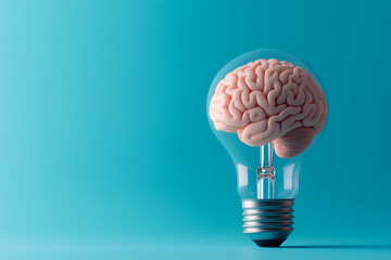 A human brain encased within a lightbulb, symbolizing ideas, intellect, and creativity