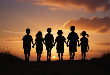 Fototapeta premium Group of children holding hands and walking into the sunset.
